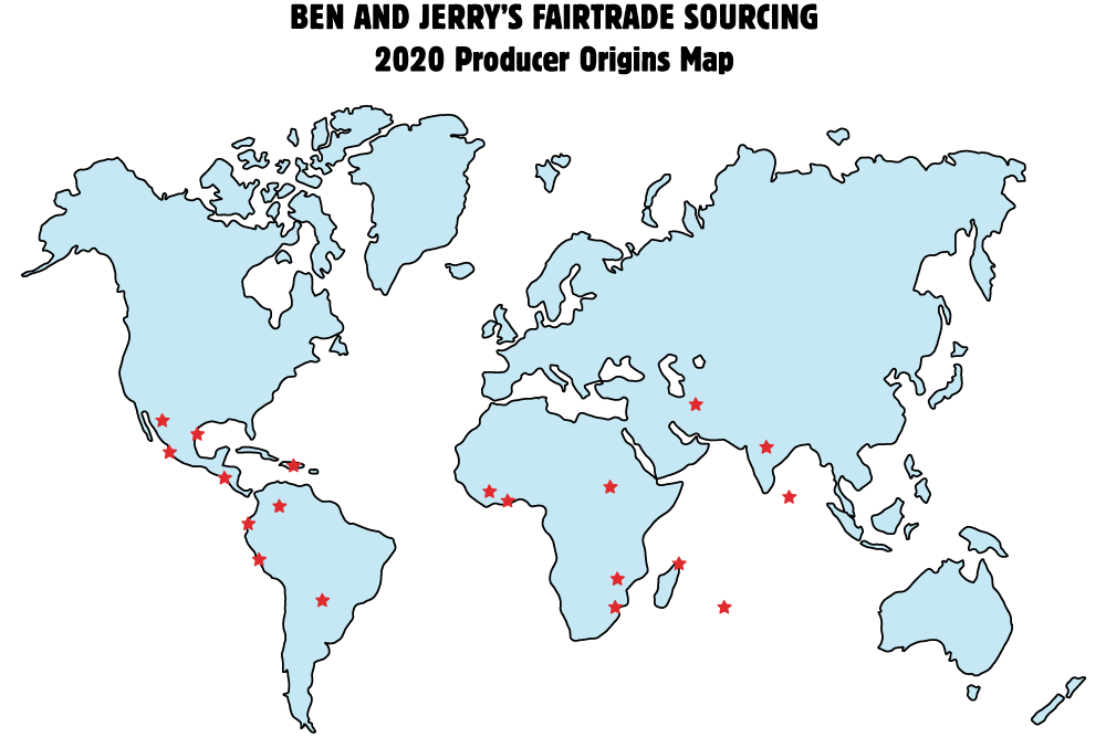 Map of Ben & Jerry's Fairtrade Sourcing 2020 Producer Origins